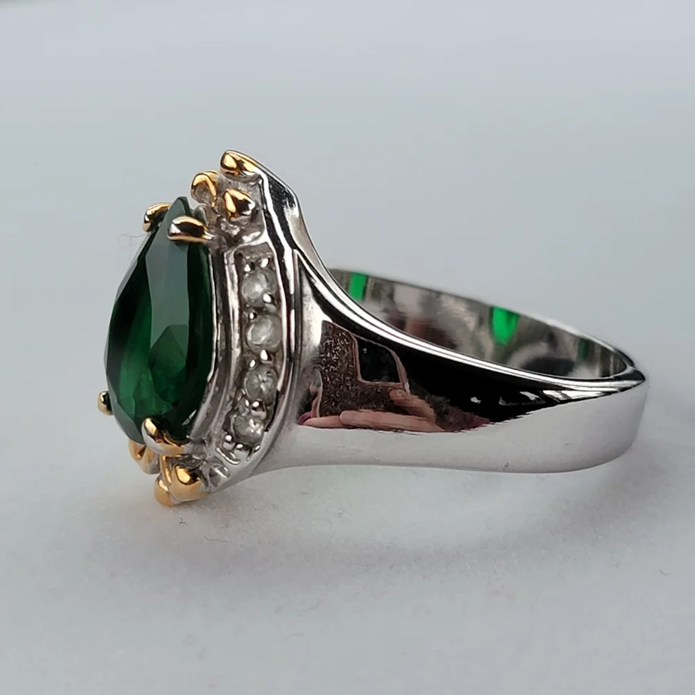 Emerald Teardrop Silver Ring Simulated Diamond Gemstone Gold Tone Accent sz 12